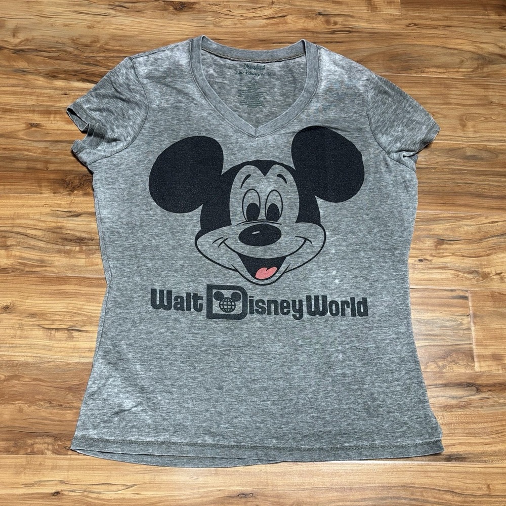 Walt Disney World Women's XXL VNeck Tee T-Shirt Gray/Green Light‎ Mickey Mouse